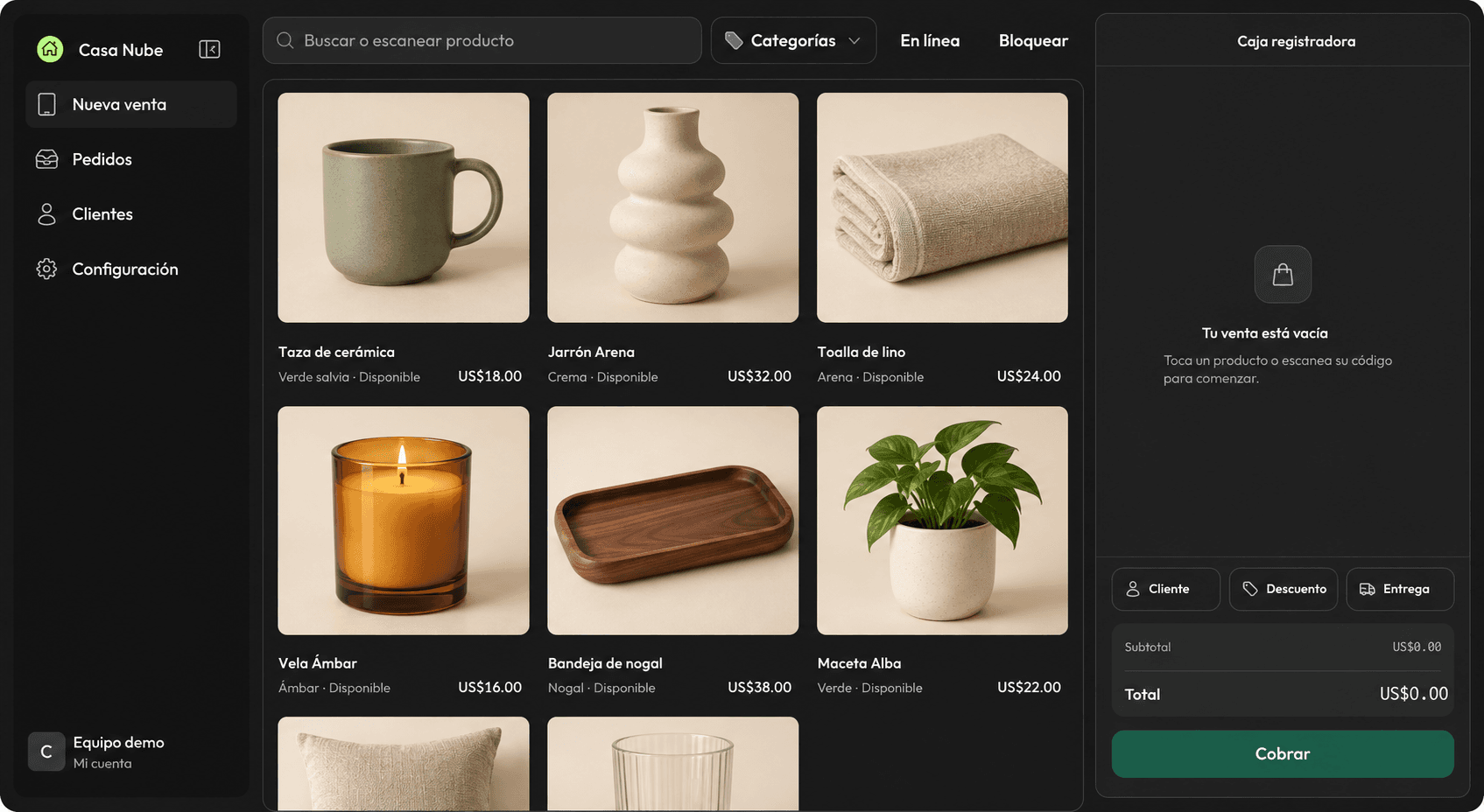Demo ficticia Casa Nube: productos generados y precios en dólares estadounidenses en Karrito POS