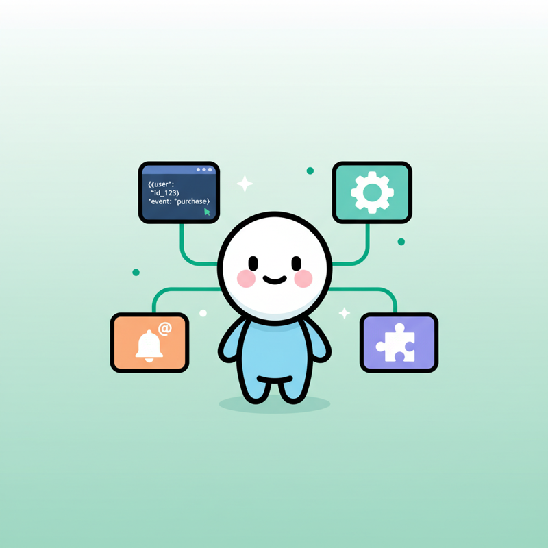 Personaje toon conectado a 4 pantallas flotantes mostrando terminal JSON, configuración, webhook y puzzle de integraciones con lineas emerald